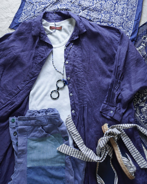 Linen Tuck Shirt Dress / Khakibeige・Frenchblue