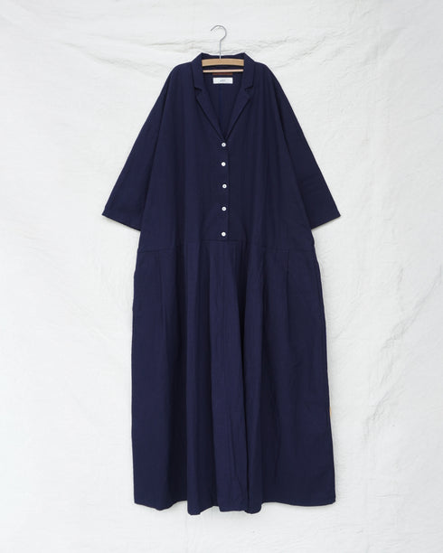 Linen Cotton Open Collar Dress / Beige・Navy