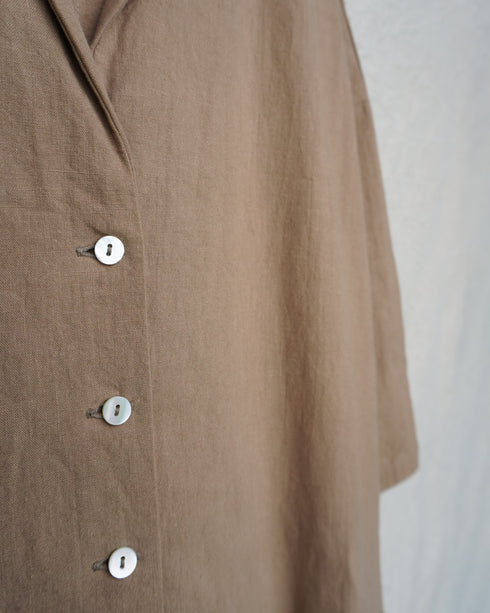 Linen Cotton Open Collar Shirt / Beige・Navy