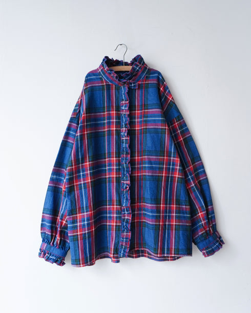 〈予約〉INDIGO Tartan Frill Tuck Blouse / Red・Blue