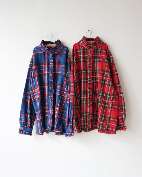 INDIGO Tartan Frill Tuck Blouse / Red・Blue