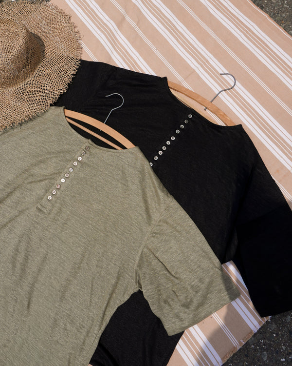 Linen 2way Henley Tee / Khaki・Black