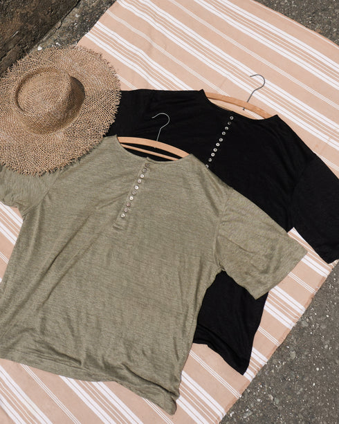 Linen 2way Henley Tee / Khaki・Black