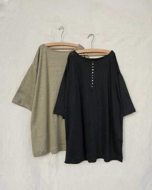 Linen 2way Henley Tee / Khaki・Black