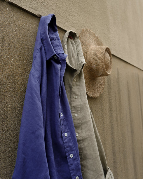 Linen Relaxed Unisex Shirt / Khakibeige・Frenchblue