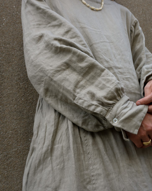 Linen Gather Dress / Khakibeige・Frenchblue