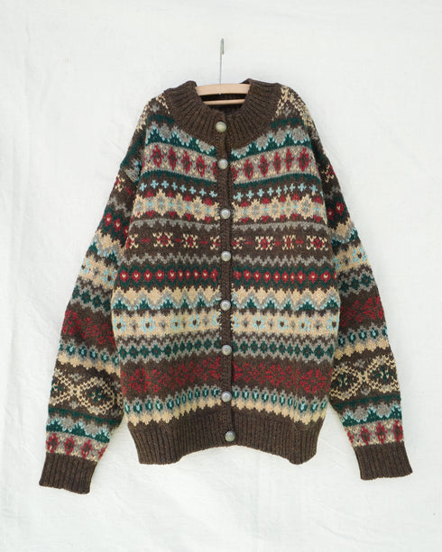 Jacquard Shetland Wool Knit Cardigan / Brown