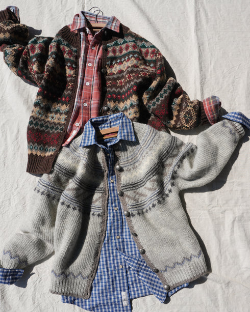 Jacquard Shetland Wool Knit Cardigan / Brown