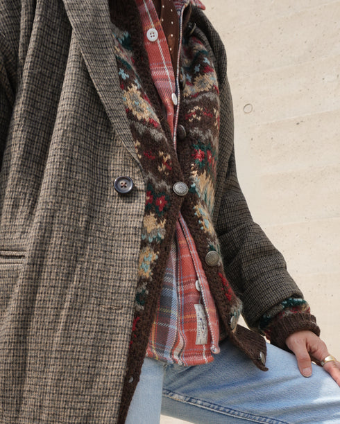Jacquard Shetland Wool Knit Cardigan / Brown