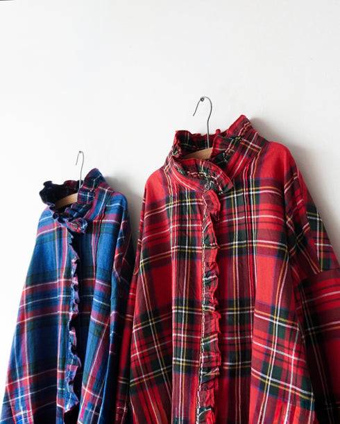 〈予約〉INDIGO Tartan Frill Tuck Blouse / Red・Blue