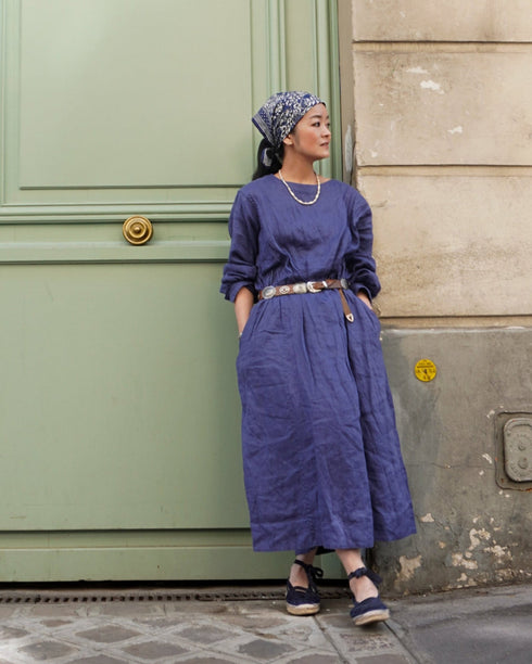Linen Gather Dress / Khakibeige・Frenchblue