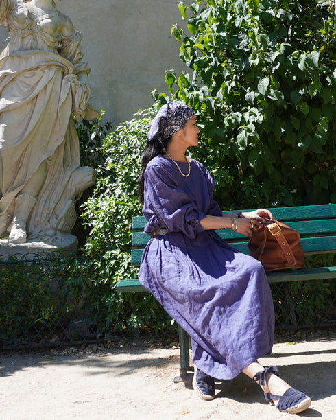 Linen Gather Dress / Khakibeige・Frenchblue