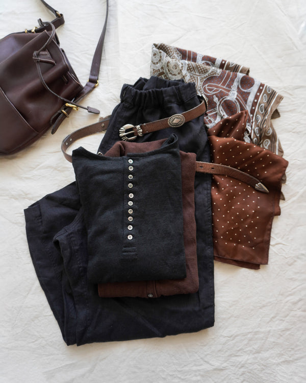 Linen 2way Henley Tee / Khaki・Black