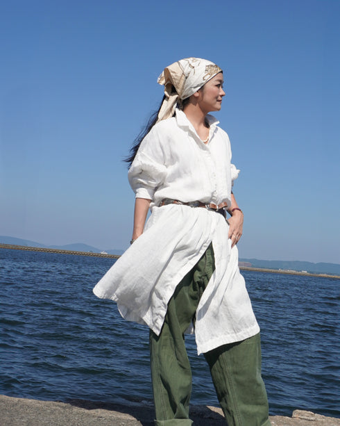 Linen Tuck Shirt Dress / White・Black