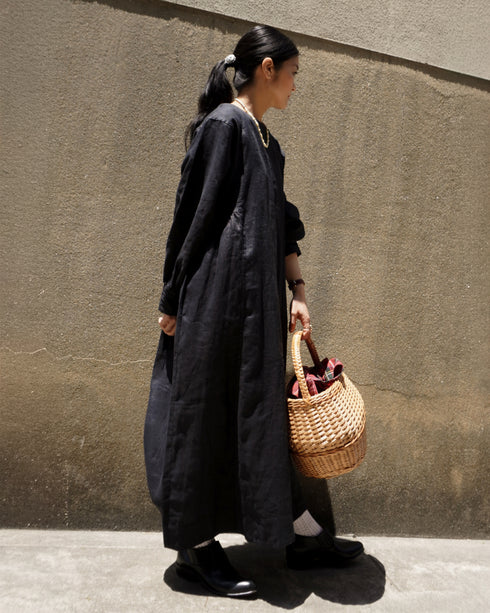 Linen Gather Dress / White・Black