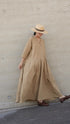 Linen Cotton Open Collar Dress / Beige・Navy